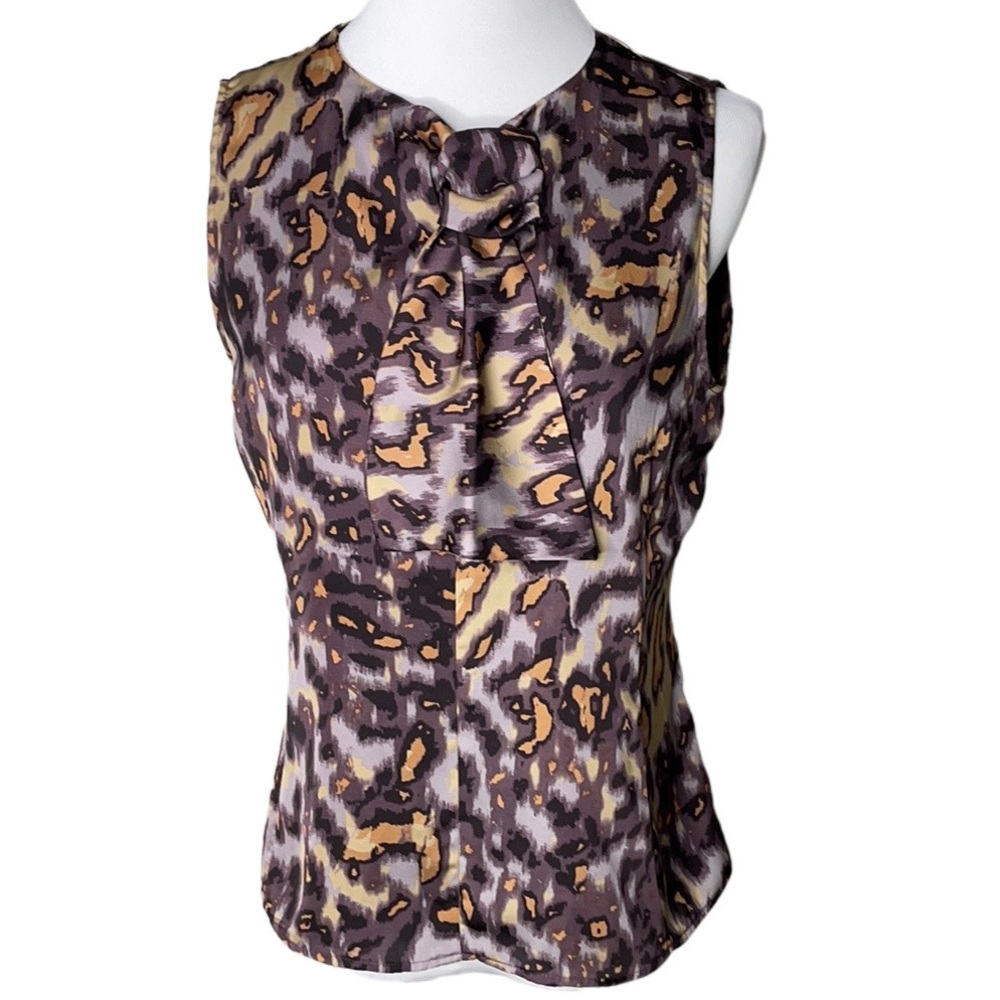 Santorelli Italian Silk Purple Mulitcolored Tie Neckline Sleeveless Blouse